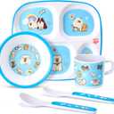 5-Piece Kids Melamine Dinnerware Set  Plate, Bowl, Cup, Fork & Spoon  BPA-Free, Durable & Lightweight Cartoon Set for Toddlers (Puppy Band)