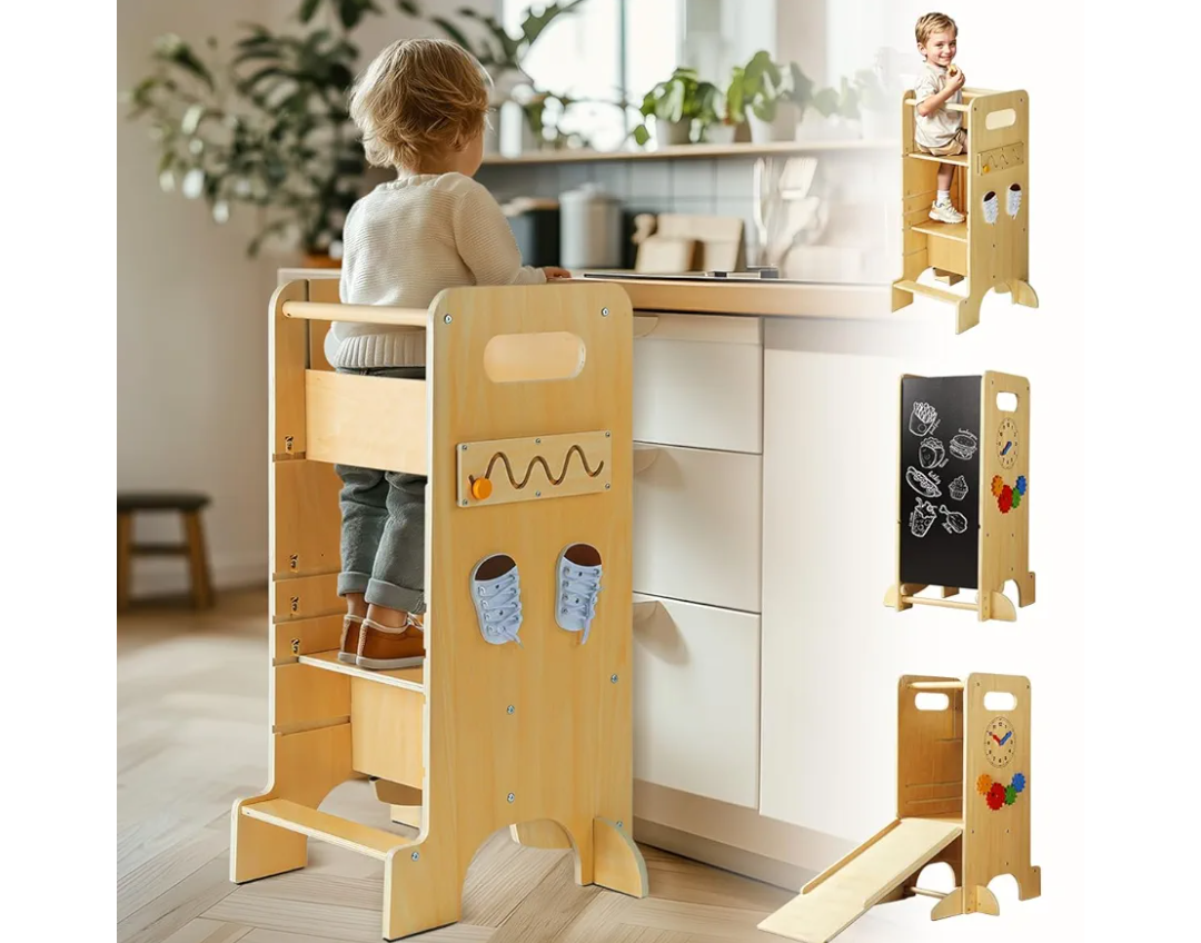 Toddler Tower 4 in 1 Toddler Kitchen Stool Helper Adjustable Standing Tower for Kitchen Counter with Safety Board, Slide, Chalkboard, Montessori Activities
