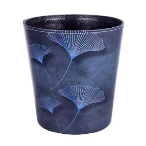 10L/2.64 Gallon Trash Can, Decorative Waste Basket, PU Leather Waste Paper Basket, Waterproof Garbage Can for Bathroom, Bedroom, Office, Kitchen and Living Room - Blue Lines Leaves