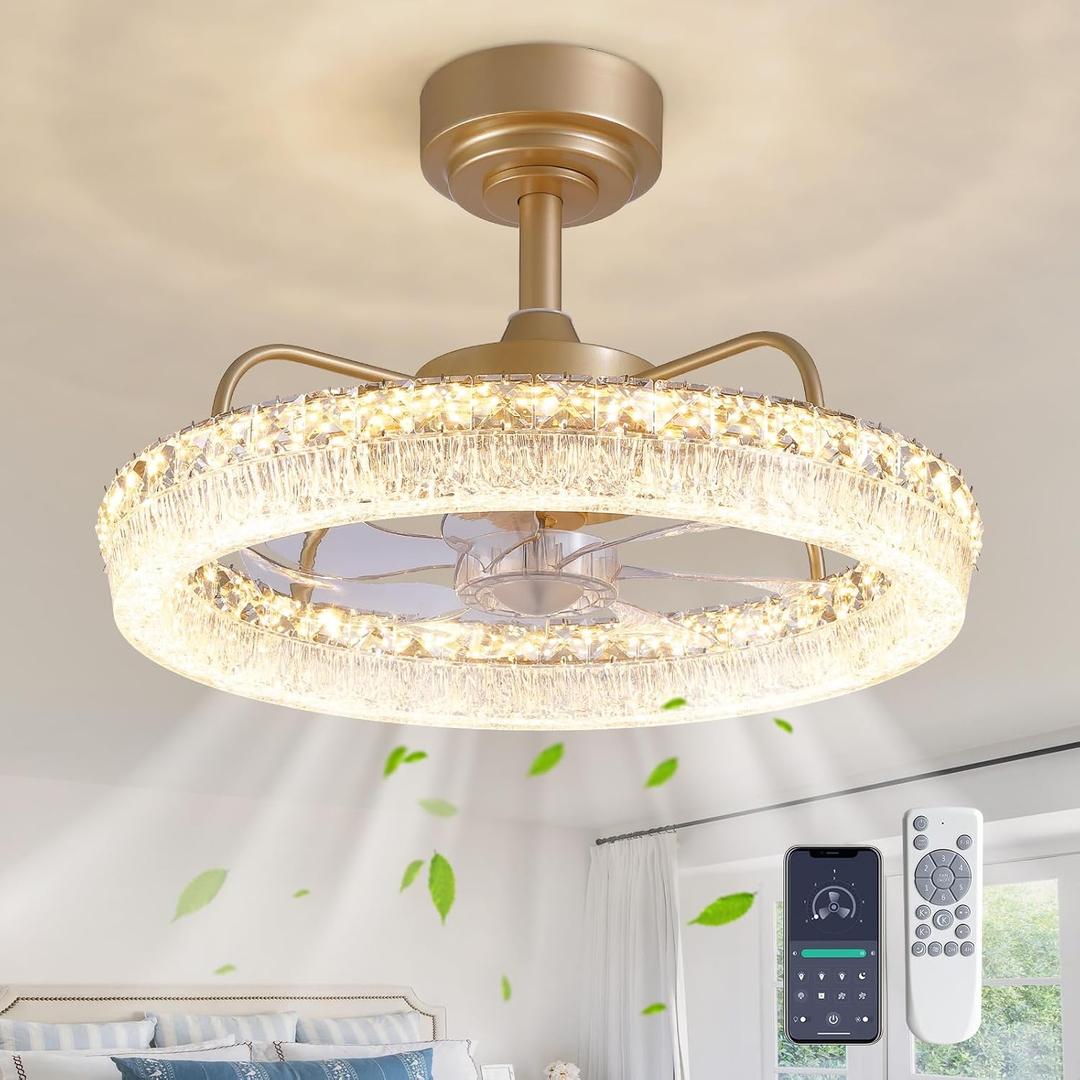 20'' Ceiling Fan with Lights and Remote, 3000-6000K Dimmable Low Profile Crystal Ceiling Fan, 6 Wind Speeds Modern Flush Mount LED Fandelier for Bedroom Living Room, Gold