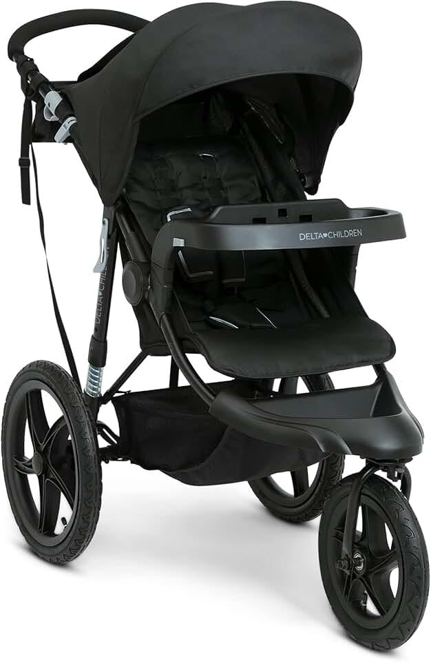 Delta Children Apollo Jogging Stroller - Shock Absorbing Frame with Large Canopy & Recline - Car Seat Compatible, Black