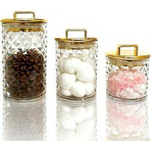 3-Pack Diamond-Cut Acrylic Storage Jars with Gold Lids  Airtight Clear Canisters for Bathroom & Kitchen | Apothecary Jars for Cotton Pads, Qtips, Snacks, Candy & Home Organization