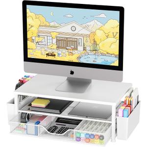 OPNICE Desk Organizers and Accessories, 2-Tier Computer Monitor Stand Riser with Drawer and 2 Pen Holders, Laptop Stand, Office Desk Accessories for Office Supplies, White Wood