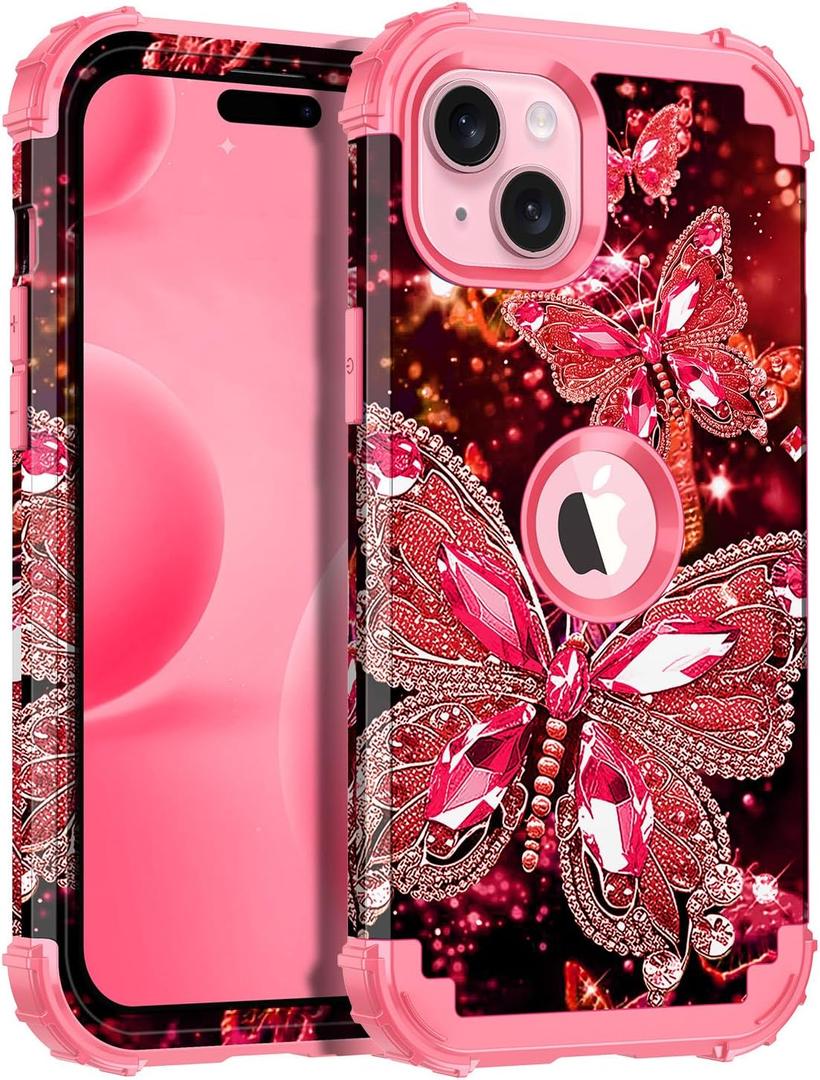 Hekodonk for iPhone 15 Plus Case,Glow in The Dark Three Layer Heavy Duty Shockproof Protection Hard Plastic+Soft Silicone Full Body Drop Protective Case for Apple iPhone 15 Plus,Deep Pink