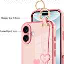 MOWIME for iPhone 16 Case with Strap, Cute Love Heart Pattern for Women Girls Soft Plating Bumper Anti-Scratch Protective Cover with Wrist Band Kickstand Holder, Pink