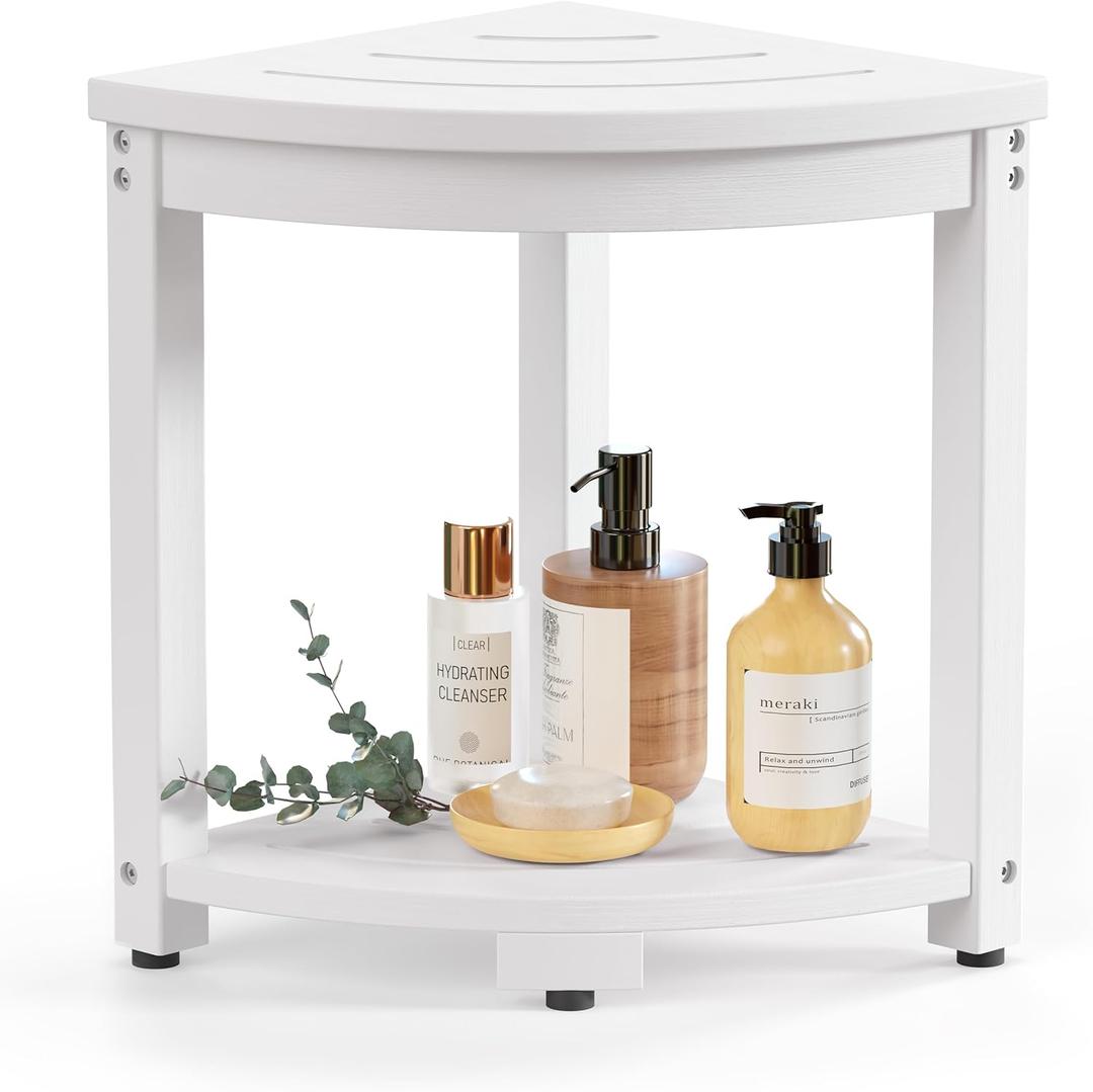 Waterproof Corner Shower Stool for Inside Shower, Poly Lumber Shower Bench Seat Chair, Bath Shower Stool for Shaving Legs Foot Rest with Storage Shelf, Adjustable & Non-Slip Feet, White