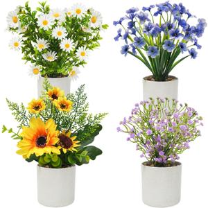 4 Packs Fake Plants Small Artificial Potted Flowers Mini Faux Plants for House Office Bathroom Farmhouse Tabletop Decor (Colorful)