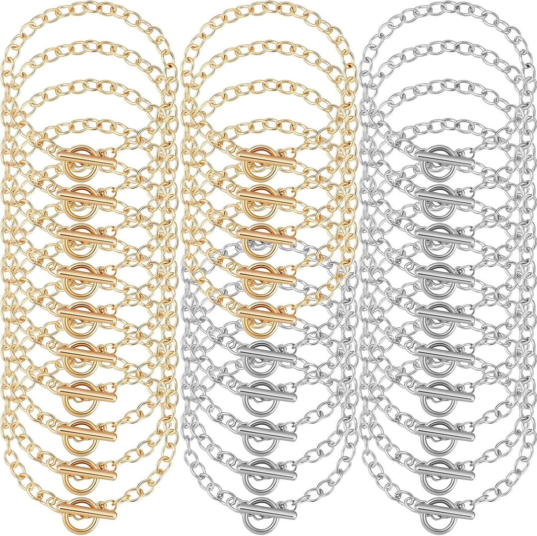 30 Pieces Bracelet Chains with OT Toggle Clasp Link Chains DIY Jewelry Making Round Link Bracelets for Girlfriend Wife Lover Mother(Gold, Silver)