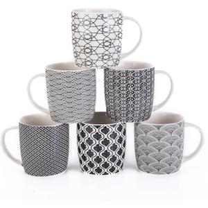 Set of 6 11.5 oz Coffee Mugs with Black and White Geometric Patterns, Ceramic Tea Cup Set