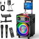 EYTSE Karaoke Machine with 2 Wireless Microphones, Portable Big BT Party Speaker with 250W Peak Power, PA System with Disco Ball LED Lights, Tablet Lyrics Display Holder, Rolling Wheels and Trolley