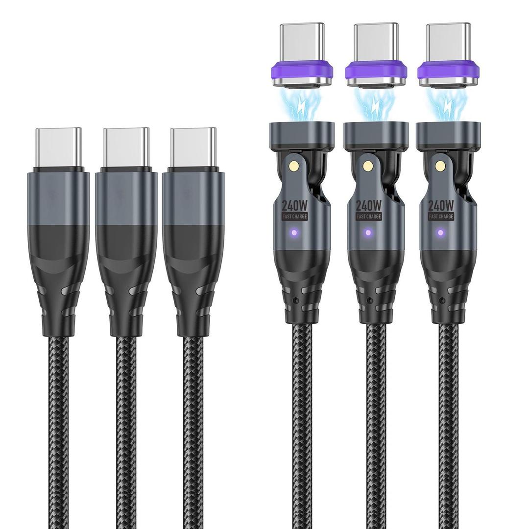 USB C to USB C Magnetic Charging Cable (3 Pack, 1.6ft+3.3ft+6ft) 180 Rotation Magnet Phone Charger 16PIN PD 240W Magnetic USB C Charging Cable Magnet Charger Data Transfer Cord for Type C Device