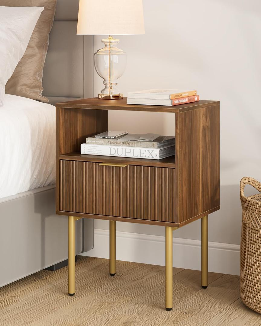 Masupu Night Stand,Mid-Century Modern Bedside Table with Storage Drawer and Open Wood Shelf,Small Gold Frame Side Table for Bedroom,Living Room, Walnut