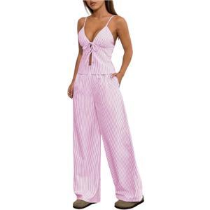 Floerns Women's 2 Piece Outfit Striped Tie Front Camisole Tops and Long Pants Set (Pink, S)