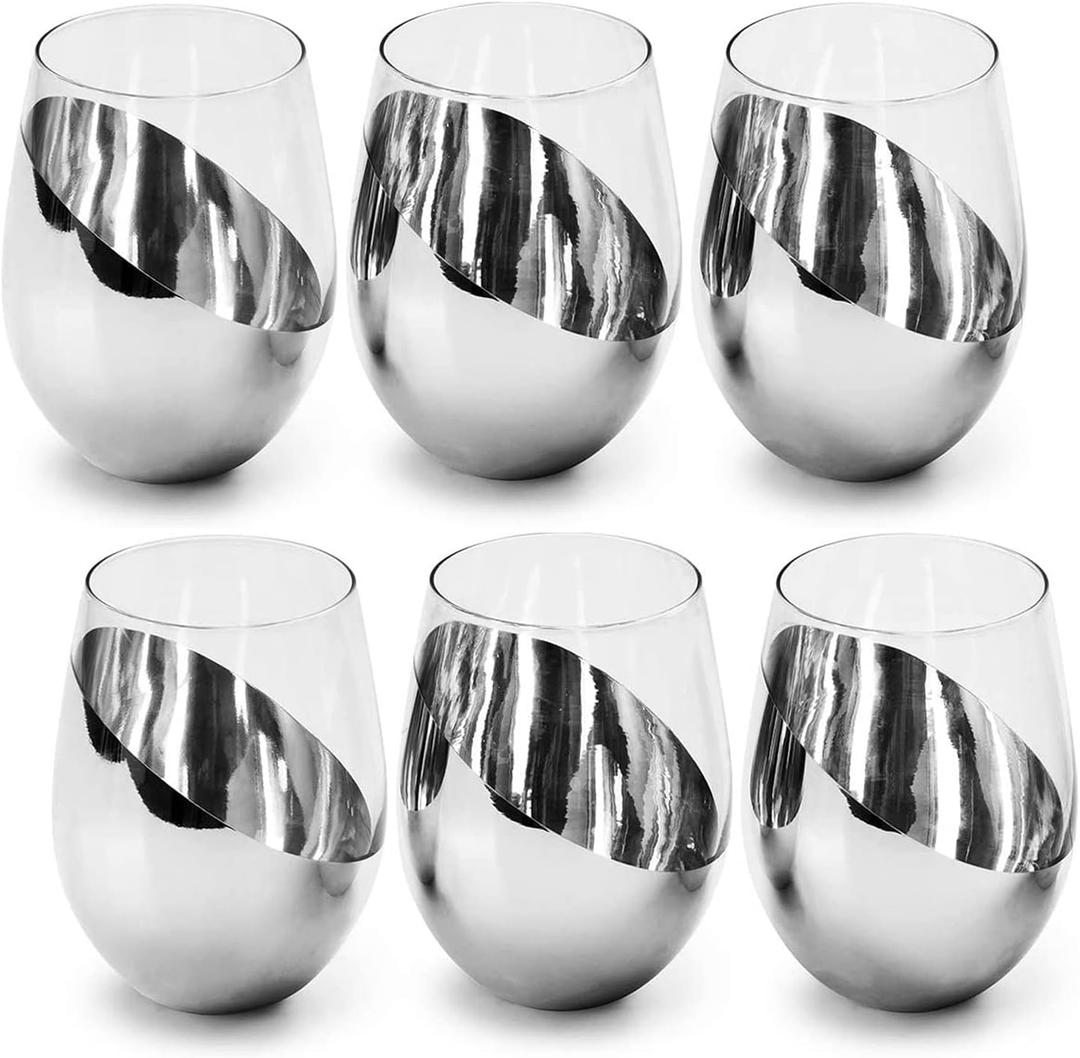 MyGift Modern Stemless Wine Glass Set of 6, White or Red Wine Glasses with Silver Metallic Bottom Angled Design