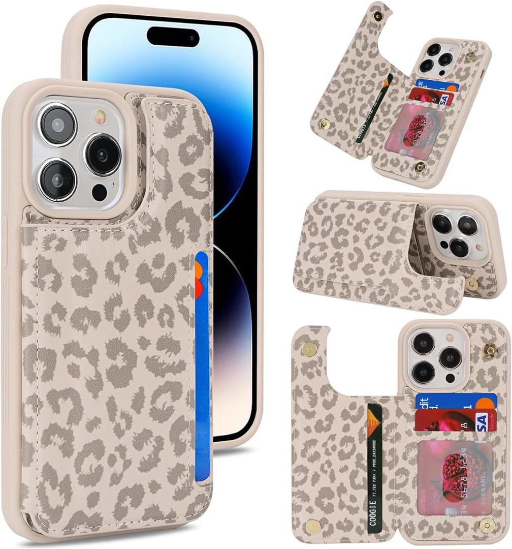 iCoverCase Compatible with iPhone 14 Pro Case with Card Holder, Wallet Case for Women Men RFID Blocking PU Leather Protective Phone Case 6.1 Inch (Beige Leopard)