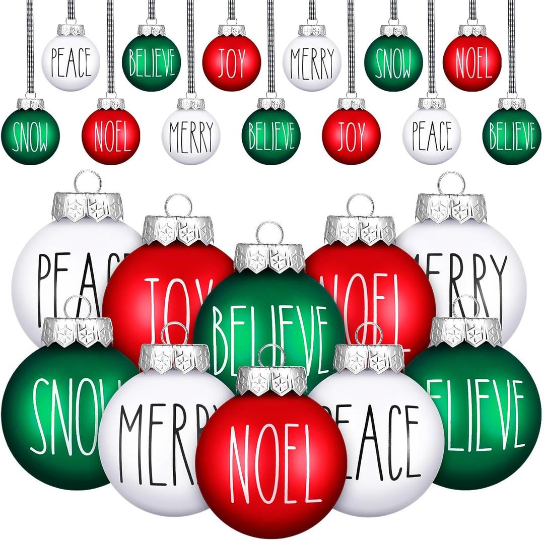 Vinsot 12 Pcs Christmas Ball Ornaments for Tree 2.4 Inch Red Green White Christmas Hanging Decorations Peace Believe Joy Snow Noel Merry Holiday Decor for Home Winter