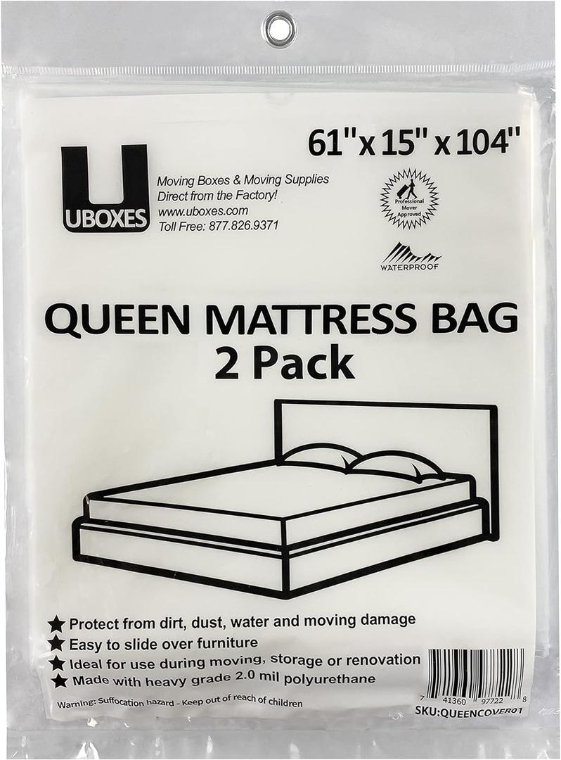 uBoxes Queen Size Mattress Covers/Bags 61" x 15" x 104" (Pack of 2) Moving Supplies