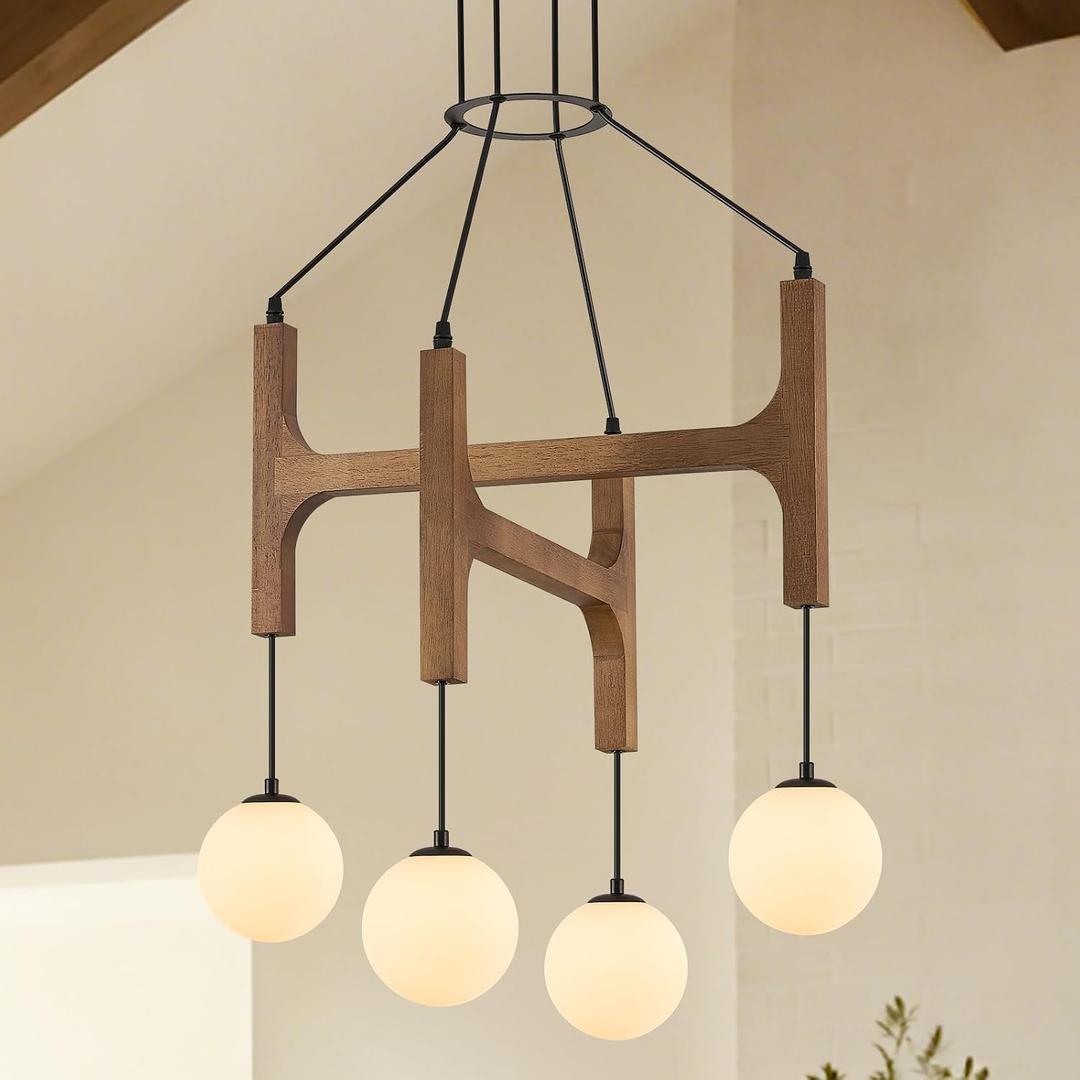 Farmhouse Wooden L24'' Chandelier Rustic Oak Wood Pendant Lights Mid Century 4-Light Milk Glass Globe Pendant Chandelier for Dining Room Kitchen Foyer Entryway Bedroom, G9