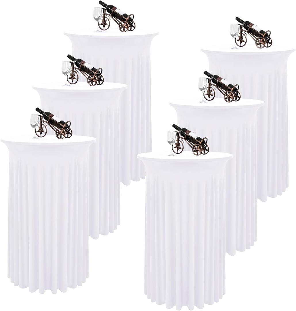 6 Packs Round Cocktail Table Skirt 32"x 43" Spandex Stretch Cocktail Tablecloth with Wavy Drapes, White Spandex Fitted High Top Table Covers for Wedding Bar Party Birthday Banquet Tables