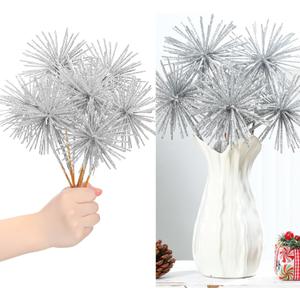 6 Pcs 10 Inch Starburst Christmas Tree Picks Glitter Christmas Star Tree Filler Table Centerpieces for DIY Wreath Crafts Funny Urchin Ornaments for Indoor Holiday Party Favors Supplies(Silver)