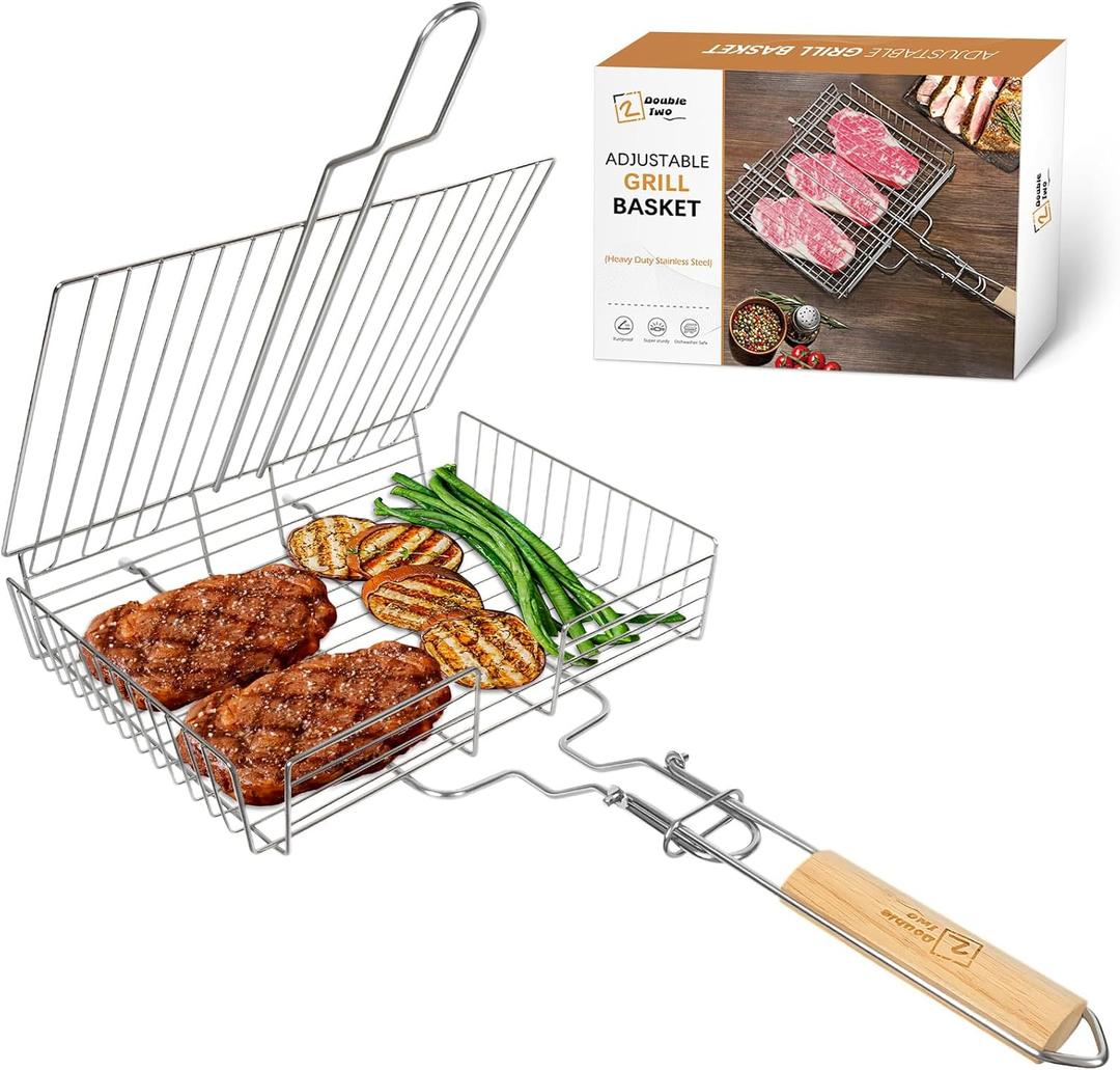 DOUBLE TWO - Stainless Steel Grill Basket, Grilling Baskets for Outdoor Grill, for Meat, Fish, Vegetable, BBQ Accessory, With Height Adjustable Cover & Detachable Handle, Easy to use, 1Pcs