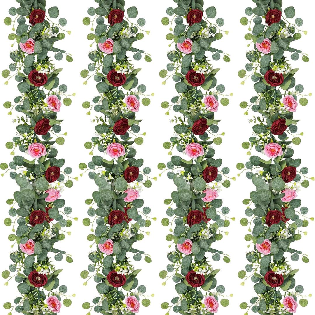 TOCHGREEN 4 Pack Artificial Eucalyptus Flower Garland with Red and Pink Roses, Fake Rose Flower Greenery Garland Floral Vines for Wedding Home Party Table Runner Decor (Red Pink, 4PCS)