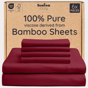 Bambaw 100% Viscose Derived from Bamboo Queen Sheet Set 6 Piece, Queen Size Cooling Sheets for Hot Sleepers, Super Soft Sheets Queen Size, Deep Pockets Fits Up to 16'' Mattresses (Burgundy)