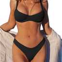 ZAFUL Women's Ribbed Underwire Bikini Set High Cut Colorblock V Notch Swimwear Printed High Leg Swimsuit (Medium, Black)