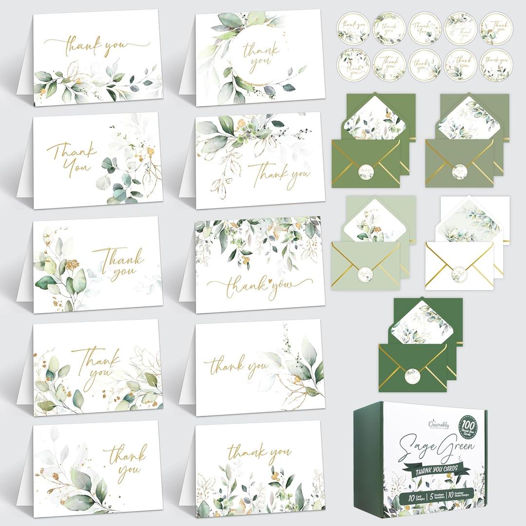 Decorably 100 Pack Gold-Foiled 6x4in Sage Green Thank You Cards with Envelopes, 10 Folded Elegant Designs for Friends & Loved Ones, Blank Inside - Baby Shower, Wedding, Birthday, Gifting, Mailing