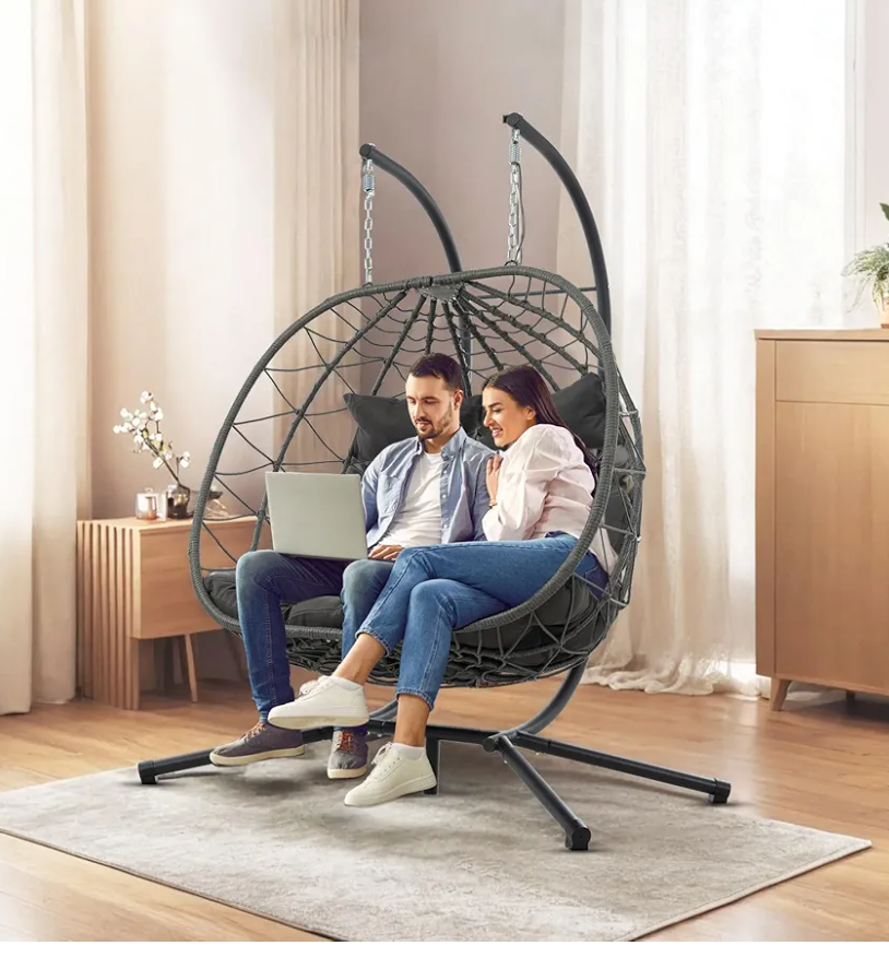 Double Egg Swing Chair with Stand, 2 Person Outdoor Indoor Hammock Hanging Chair with Cushion,Patio Wicker Hanging Egg Chair w/Cushion 700LBS Capacity for Bedroom, Balcony, Garden