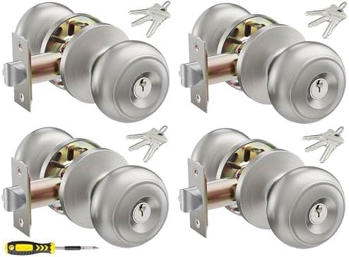 4 Pack Keyed Entry Door Knob Set, All Keyed Same Exterior and Interior Stainless Steel Door Locks, Satin Nickel Front/Entrance Door Knobs Handle