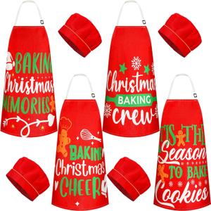 Hoolerry 4 Set Christmas Kids Apron and Chef Hat Snowman Deer Elf Santa Apron for Kitchen Baking Cooking Painting Wear(Cute)