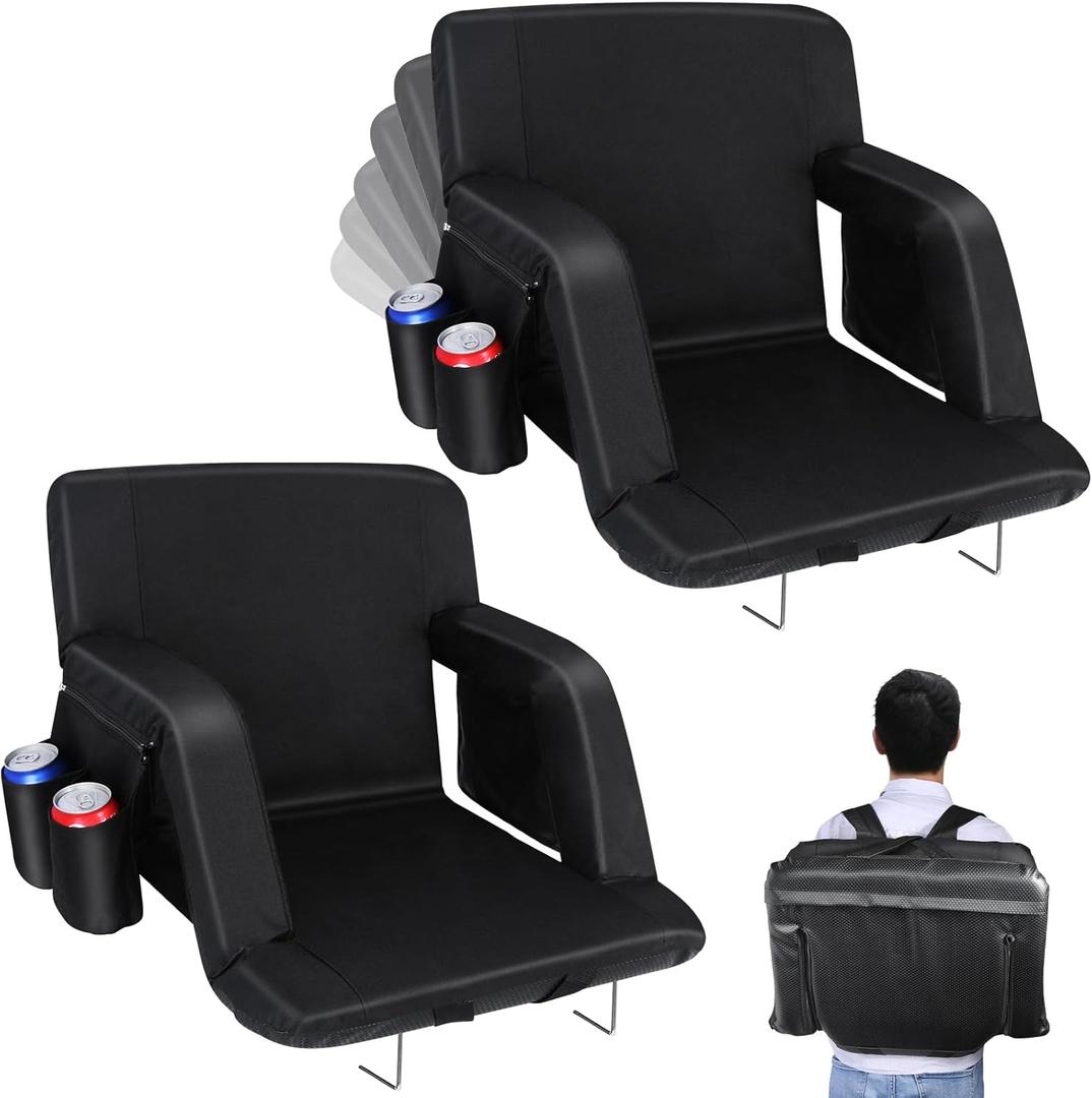 Stadium Seats with Back Support, 2 Pack Bleacher Chairs with Back and Cushion, Wide Bleacher Seat 6 Reclining Back, Folding Stadium Chairs with Armrests Hook Cupholder for Outdoor Sport Beach Concert
