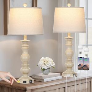 28" Farmhouse Table Lamps Set of 2 with USB C+A Ports & AC Outlet for Vintage Living Room Retro Bedroom,3-Way Dimmable Touch Lamp Resin Bedside Lamps for Nightstand Side End Table, Beige