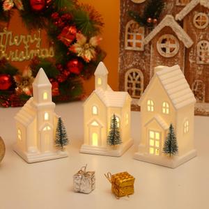 3 Pcs Light Up Christmas Houses, White Ceramic House Christmas Decor with 3 Pcs Xmas Tree, Porcelain Ceramic Xmas Village Sets with Timer, Christmas Town Village Set Xmas Figurines Home Decor