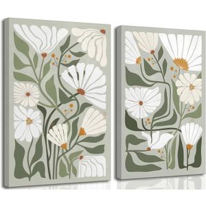 2 Pcs Boho Wildflowers Canvas Wall Art Green Bohemia Abstract Floral Botanical Painting Picture Wall Decor Poster Print Artwork for Living Room Bedroom Bathroom Home Decoration, 16x24in