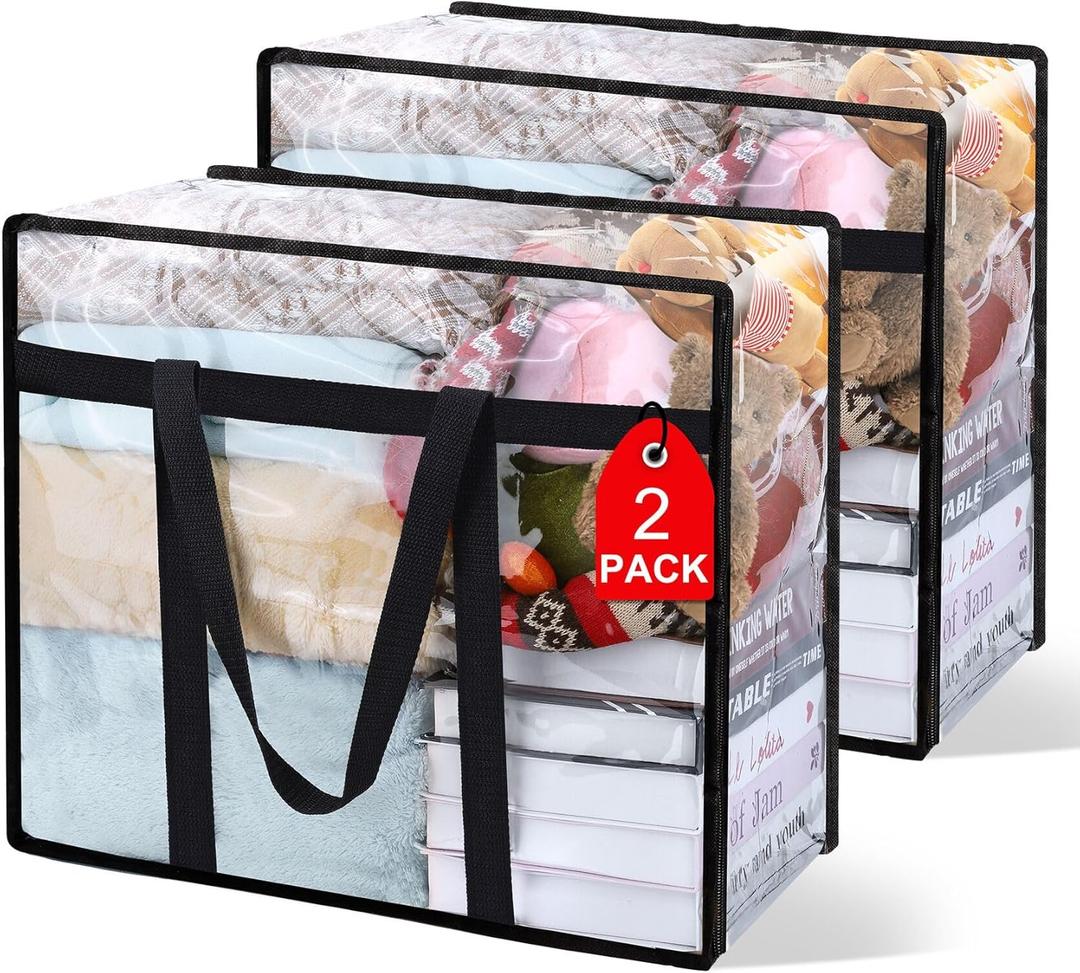 2-Pack Clear Blanket Storage Bags, Vinyl Comforter Clothes Storage Closet Organizers and Storage Containers Moving Bags with Reinforced Handle for Bedding, Clothing, Comforters, Pillows, Toys,40L
