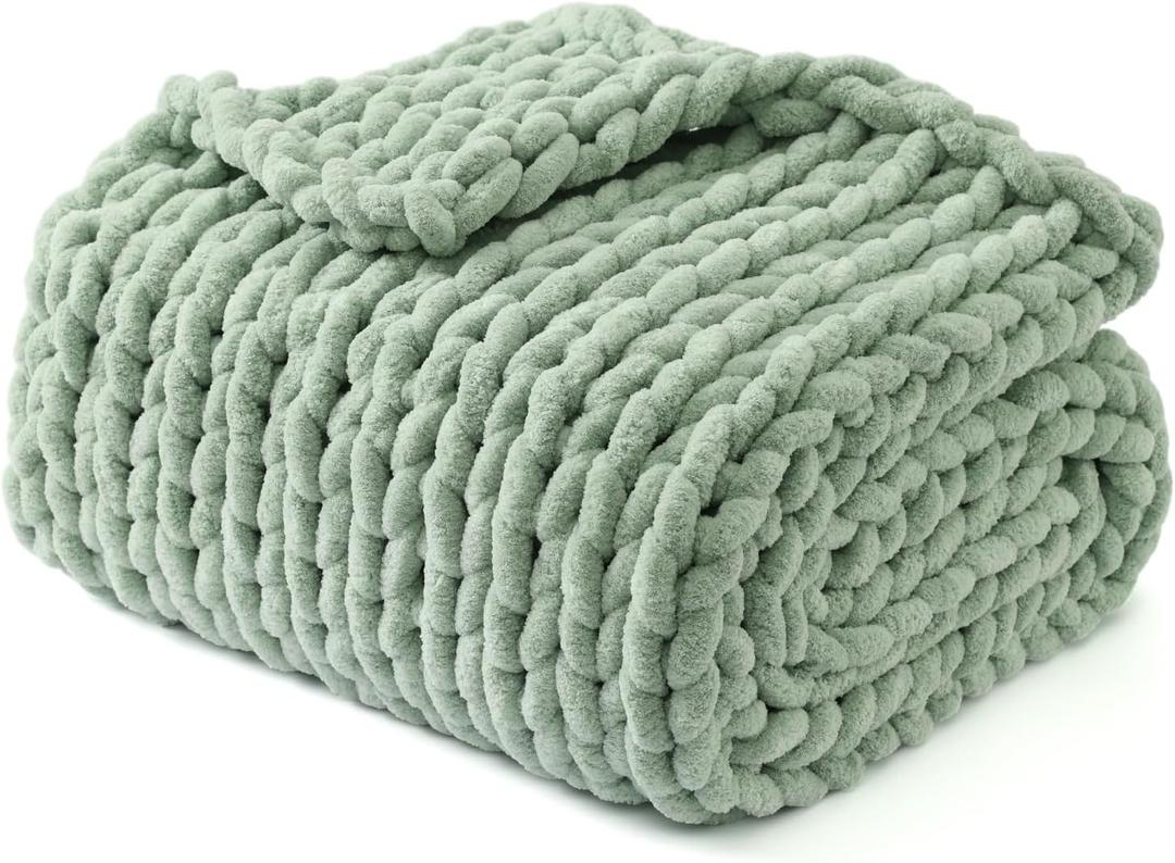 YnM Chunky Throw Blanket, Medium-Weight, Hand Knitted with Chenille Yarn, Skin Friendly, Ventilated and Breathable, Machine Washable, Home Dcor Piece for Couch, Sofa and Bed (Sage Green, 40x50 Inch)