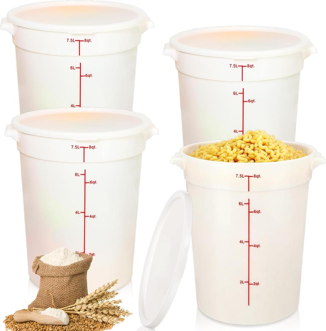 Hushee 4 Pcs Commercial Food Storage Containers Round PP Food Storage Containers with Lids for Pantry Translucent Plastic Tubs with Lids for Storage Food Safe Bucket with Scales and Handles (8 Quart)