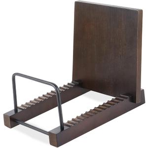 Mkono Vinyl Record Storage Holder Modern Album Display Solid Wood Stand with Black Metal Rack Farmhouse Home Decor Organizer for Vinyl Record, Holds up to 30 Albums, 11.8''L x 7''W x 8.7''H, Brown