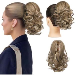 REECHO 9" Short Ponytail Extension, Classic Loose Curly Wavy Claw Clip Pony tails Hair Extensions HP001 Hairpieces for Women - Medium Blonde with Blonde Highlights REECHO 9" Short Ponytail Extension, Classic Loose Curly Wavy Claw Clip Pony tails Hair Extensions HP001 Hairpieces for Women - Medium Blonde with Blonde Highlights