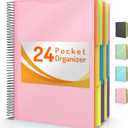 Forvencer 24 Pocket Project Organizer, 1/3-cut Tab Binder Organizer with Sticky Labels, Multi Pocket Folder with Zipper Pouch, Folder Binder Spiral Pocket Notebook, Office Supplies (Pink)