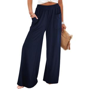 GRAPENT Wide Leg Pants for Women High Wasited Baggy Palazzo Pants Casual Pull On Bell Bottom Smocked Elastic Waist Pants (Small, Dark Blue)