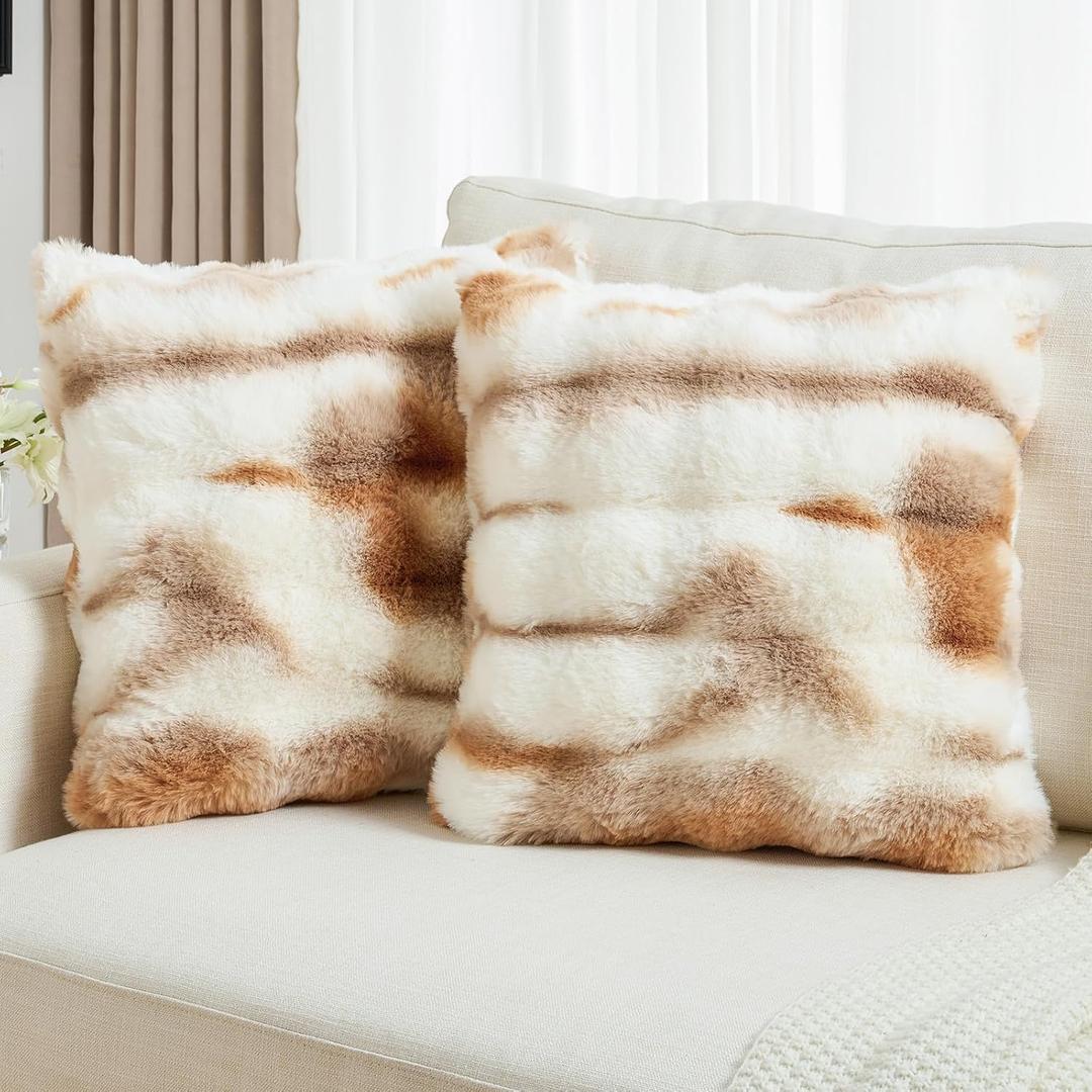 Pack of 2 Faux Fur Throw Pillow Covers 20x20 Inch, Brown White