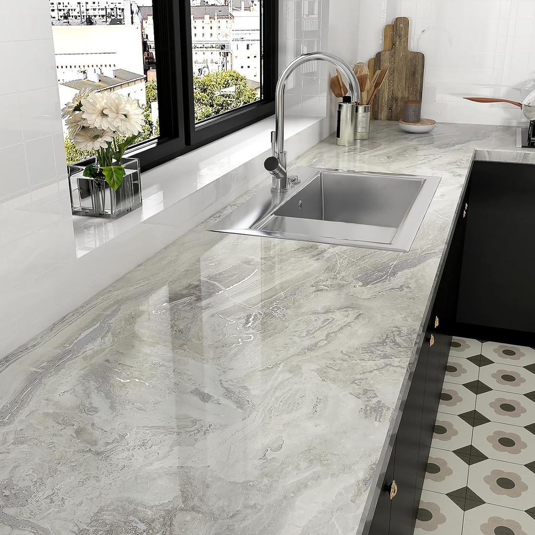 Glossy Silver/Beige Marble Countertop Contact Paper 24''x118'' Shiny Peel and Stick Marble Wallpaper for Bathroom Kitchen Waterproof Self Adhesive Marble Wall Paper for Drawers Desk Shelf Liner Decor (24" x 118")