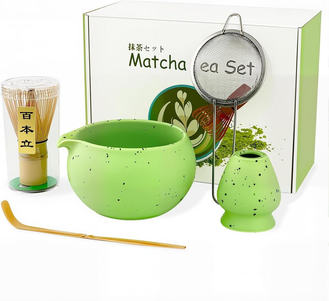 Matcha Whisk Set,5 Pcs Matcha Set,Matcha Kit for Ceremony,Tradition Tea Set for Making Breakfast/Latte,Matcha Whisk Set with Bowl(Chawan)/Whisk and Stainless Sifter,Gift for Family/Friend