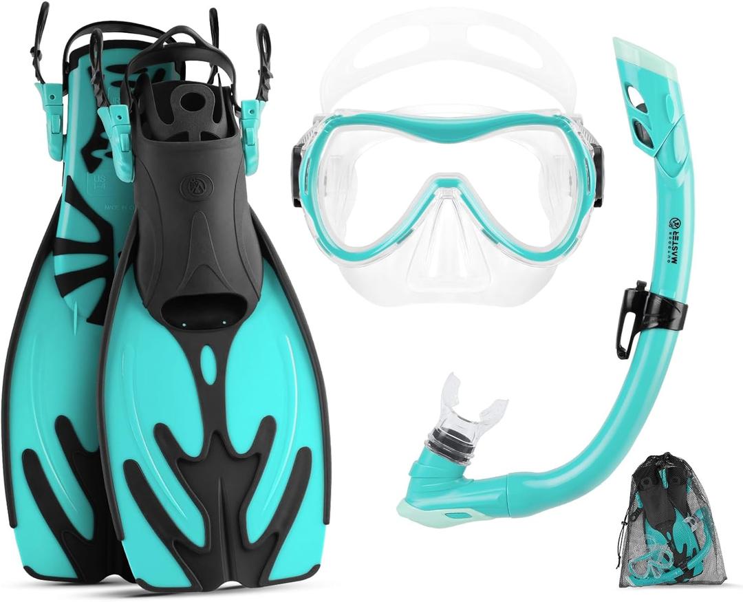 OutdoorMaster Marlin Kids Mask Fins Snorkel Set, Dry Top Snorkeling Gear with Adjustable Fins, Anti-Fog Snorkel Mask Set for Boys and Girls Age 6-16 (Cyan)