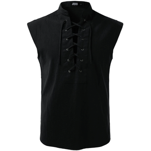 JOGAL Mens Renaissance Shirt Pirate Medieval Sleeveless Halloween Costume Steampunk Viking Lace-up Stand Collar Shirts, Size S