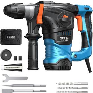Seesii Heavy Duty Rotary Hammer: 13 Amp 1-1/4" SDS-Plus Demolition Hammer Drill for Concrete, Brick & Stone, 6J Power with 4 Functions, Safety Clutch & Anti-Vibration, Drill Bits and Chisels Included (Blue)