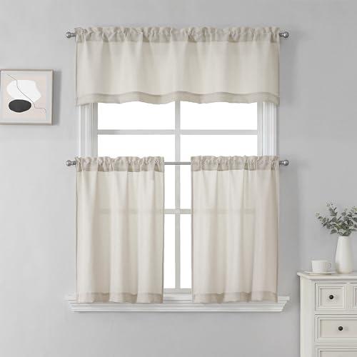 SeeGlee 3 Piece Linen Semi Sheer Kitchen Window Curtain Tiers and Valance Set,24" Long Tiers with Vanlance Light Filtering Energy Efficient Curtain Set for Small Window,Beige